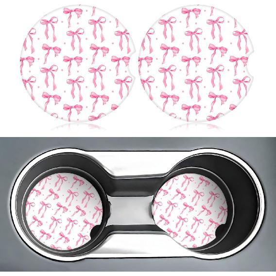 Pink Bow Car Coasters for Cup Holders,2 Pack Car Cup Holder Coasters for Car,Ceramic Absorbent Car Coaster with A Finger Notch and Cork Base,Car