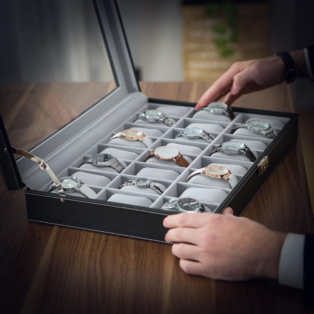 SONGMICS Watch Box, Lockable Watch Case, Watch Storage Box with 24 Slots, Glass Lid, Gift for Loved Ones, Black Synthetic Leather, Grey Lining