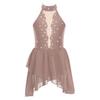 Kids Girls Rhinestone Lyrical Dance Costume Sheer Mesh Patchwork Sleeveless Irregular Hem Dress Dancewear