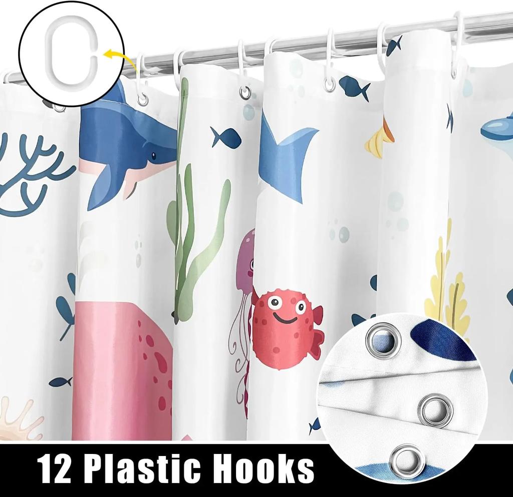 Kids Funny Ocean Shower Curtain, Cute Cartoon Watercolor Colorful Underwater Whale Boys and Girls Bathroom Decor Curtains