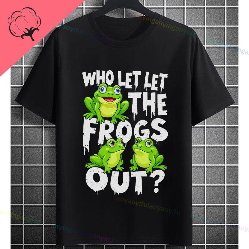 Who Let The Frogs Out Funny Frog With Fashion Glasses Green Markings Graphic Tshirt 100 Cotton Short Sleeve Casual Tshirts