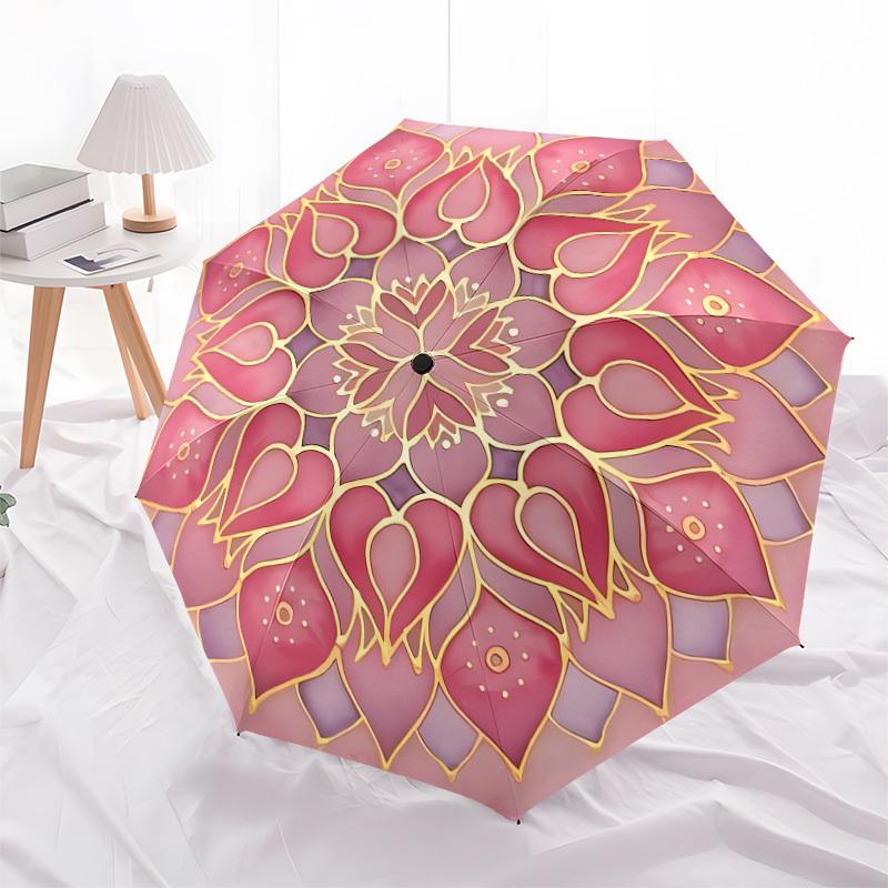1pc Pink Lotus Mandala Pattern Umbrella with Plastic Handle,Suitable for All Seasons Home Travel Outdoor UmbrellaDD270