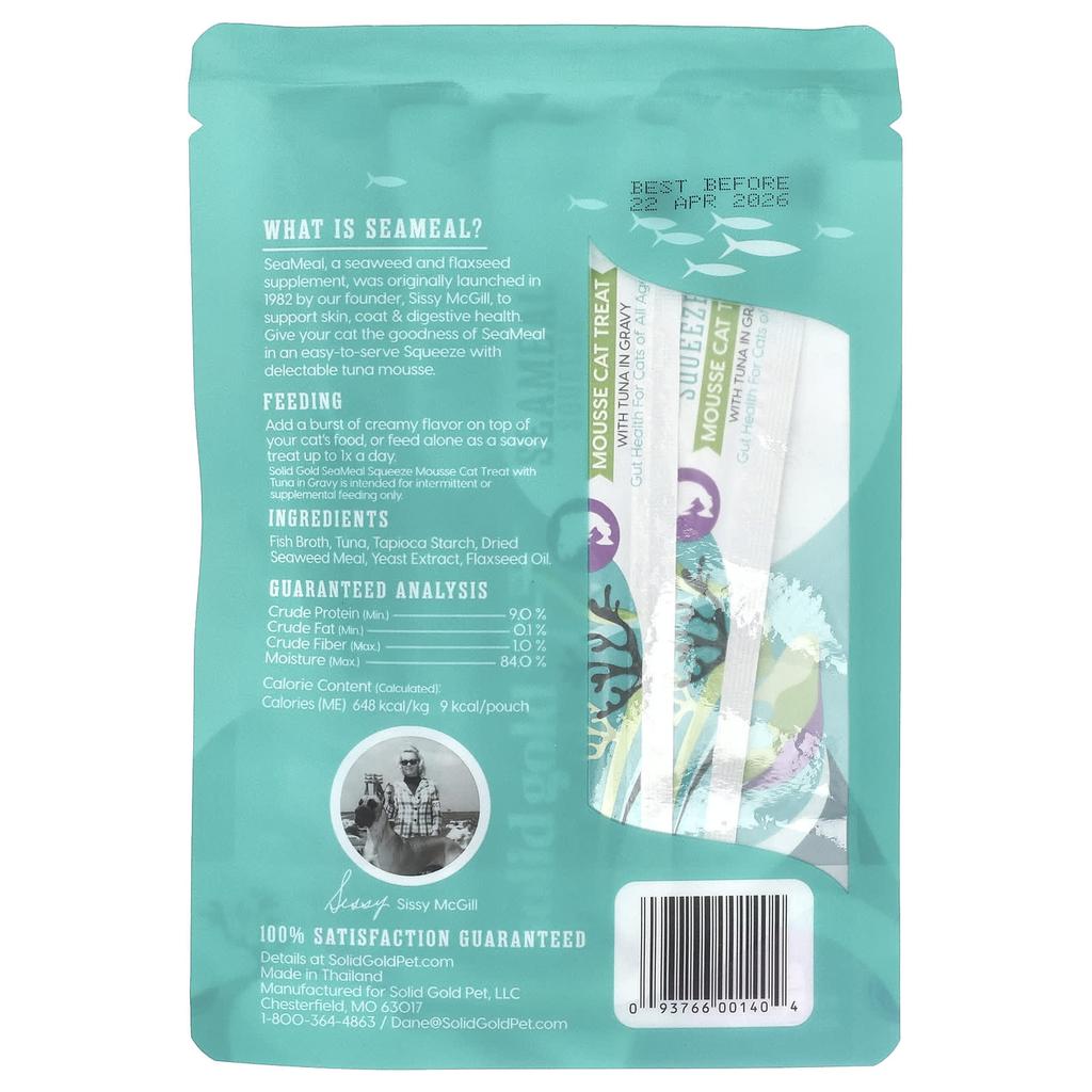 Seameal™ Squeeze Moose Кошачьи лакомства, Тунец, Вкус подливы, Для всех кошек, 4 пауча, 14 г (0,5 унции) Каждый