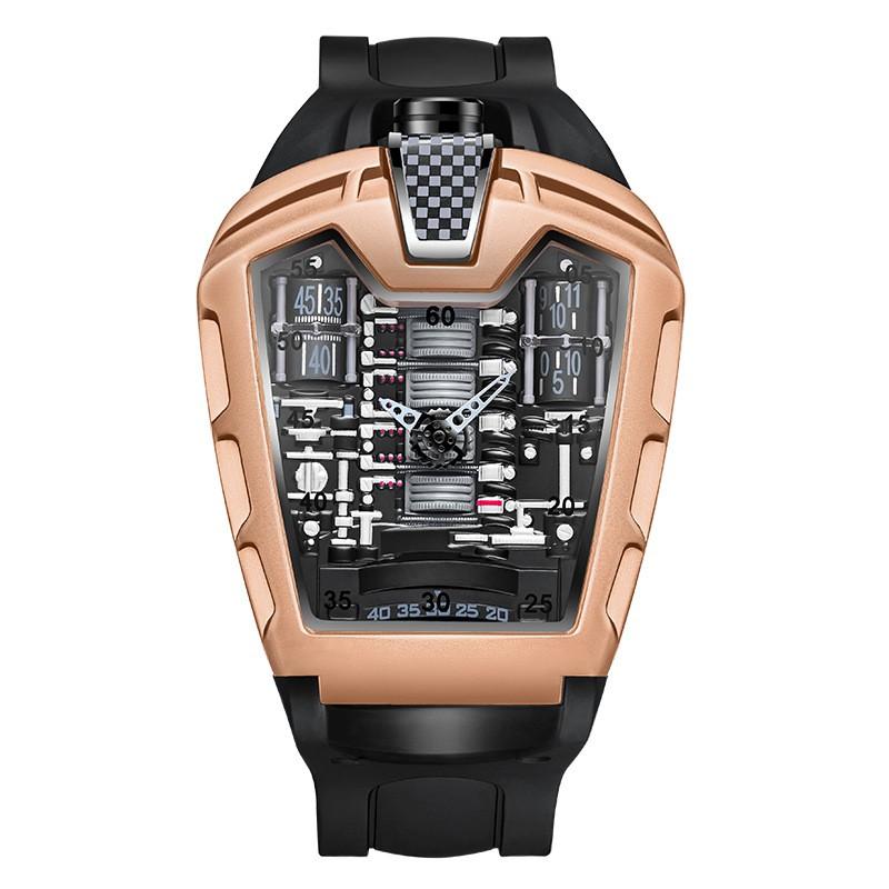 Mens Fashion Quartz Watch With Engine Decor Design 46mm Round Alloy Case Silicone Strap Mineral Glass