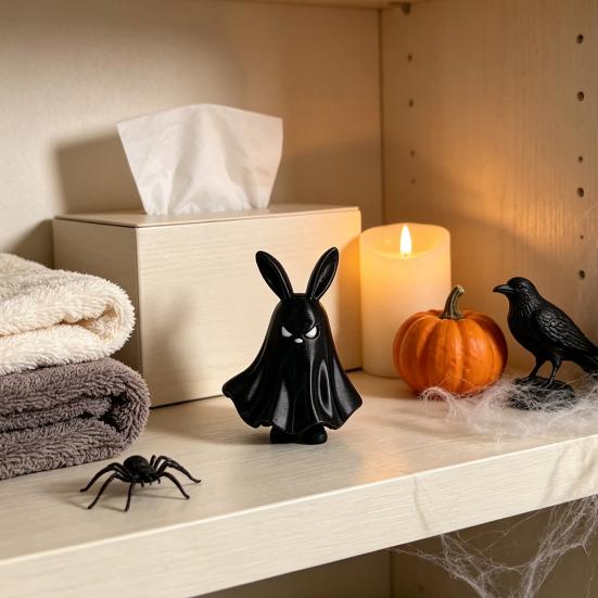 Small Desktop Ornament Halloween Ghost Figurine, 3D Printed Cute Statue with Rabbit Mysterious Character Ear, Spooky Decoration for Home, Shelf, Table