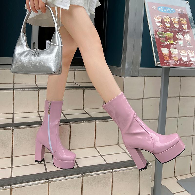 Женские полусапожки на платформе с застежкой-молнией, короткие сапоги, черные, розовые, красные, белые, на каблуке, туфли для вечеринок, женская зимняя обувь, туфли большого размера