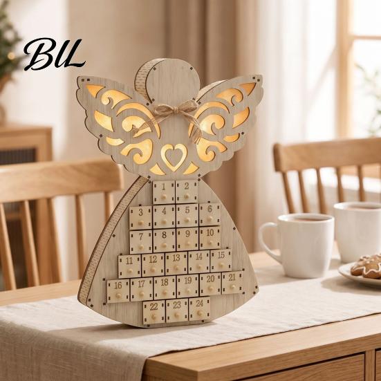 Holiday Countdown Calendar Wooden Angel Christmas Advent with 24 Storage Drawers, Gift for Kids to Tabletop Decoration Winter Party Favors Organizer
