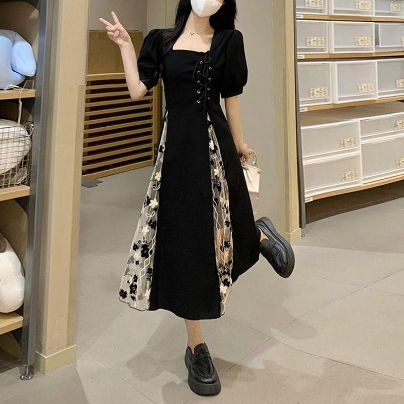 Модное миди-платье с лоскутным узором из сломанных цветов, летнее, во французском стиле, элегантное, с квадратным вырезом, винтажное, шикарное, с бандажной отделкой