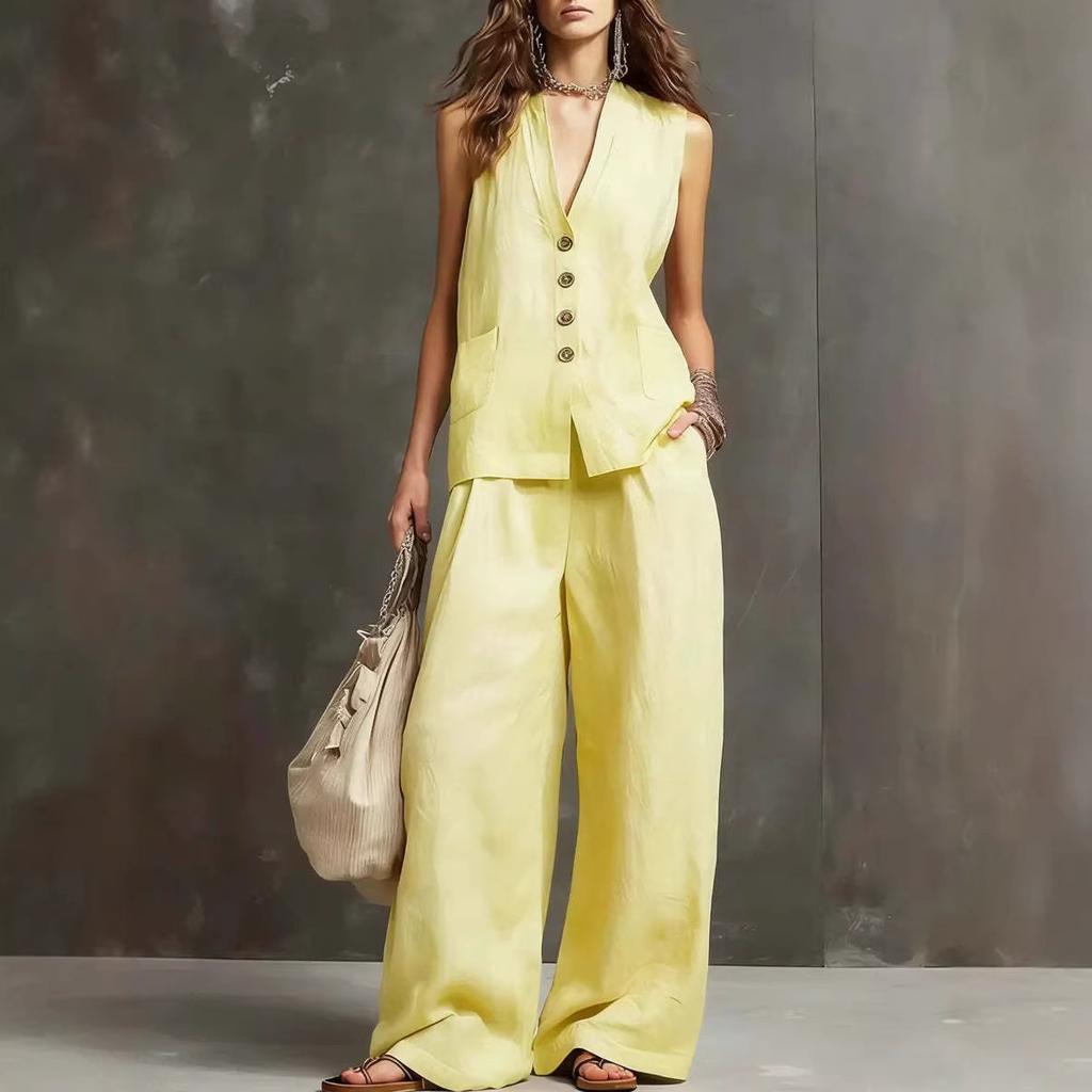 2026 European and American cross-border Amazon new women's sleeveless vest vest wide-leg pants cotton and linen two-piece women's clothing