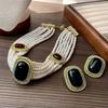 Vintage Western Gemstone Earrings and Pearl Multi-Layer Choker Necklace Set for Women - Elegant Retro Court Style