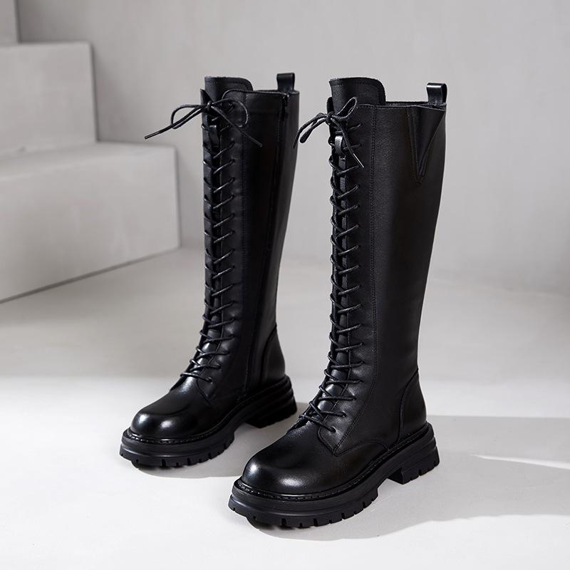 [Эмбрион телячьей кожи] Ботинки из коровьей кожи первого слоя женские осень-зима 2025 кожаные на толстой подошве бархатные рыцарские ботинки