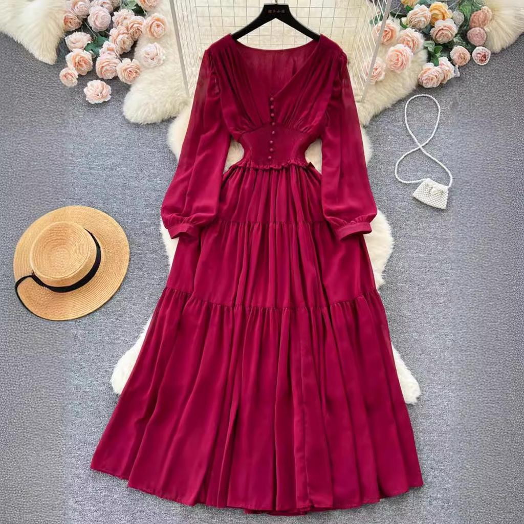 Винтажное шифоновое длинное платье Женское элегантное повседневное платье с V-образным вырезом и длинными рукавами Французское плиссированное тонкое длинное платье А-силуэта Vestidos