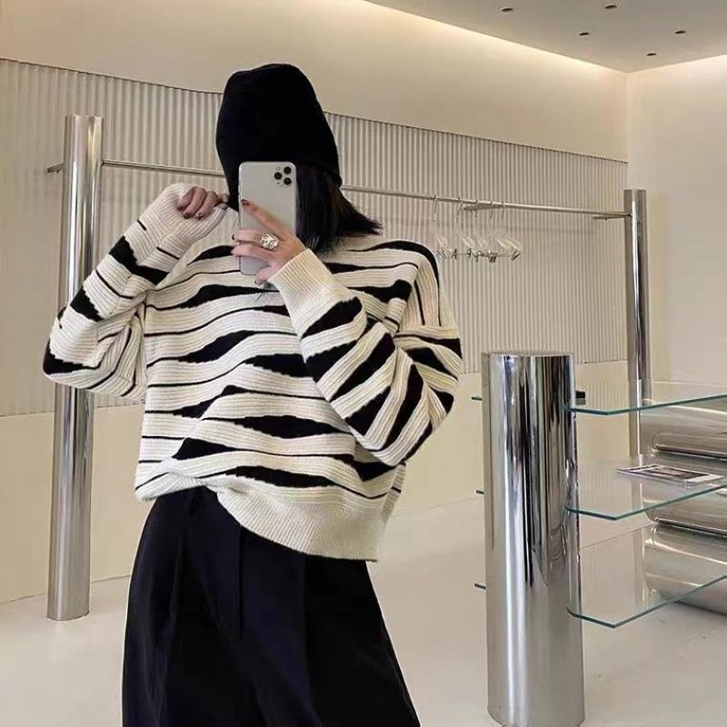 Женская одежда, зимний свитер, свободный пуловер, повседневный корейский модный полосатый вязаный топ с принтом, элегантный и простой женский джемпер
