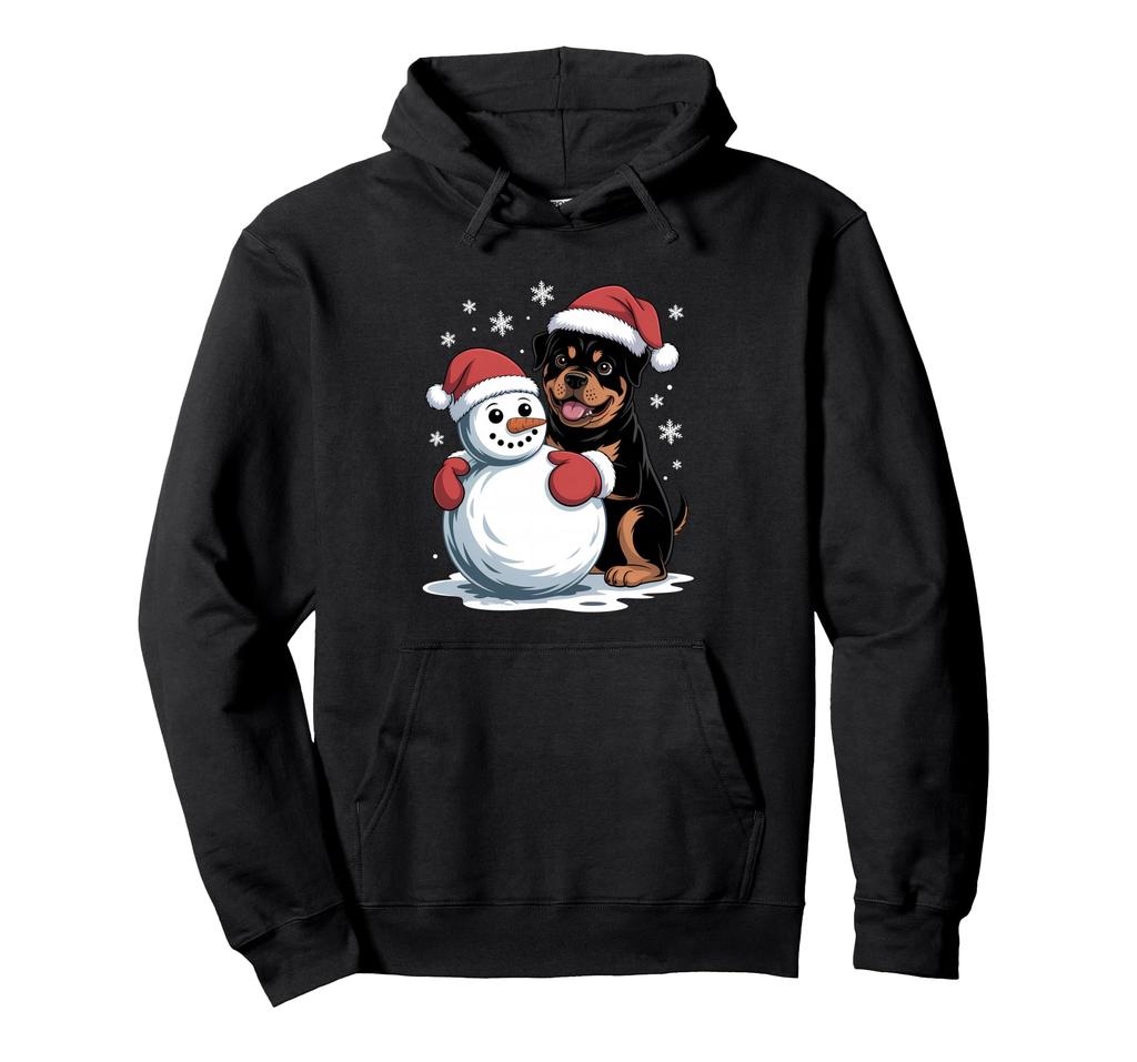 Cute Christmas Dog Hugging a Snowman Wearing a Santa Hat