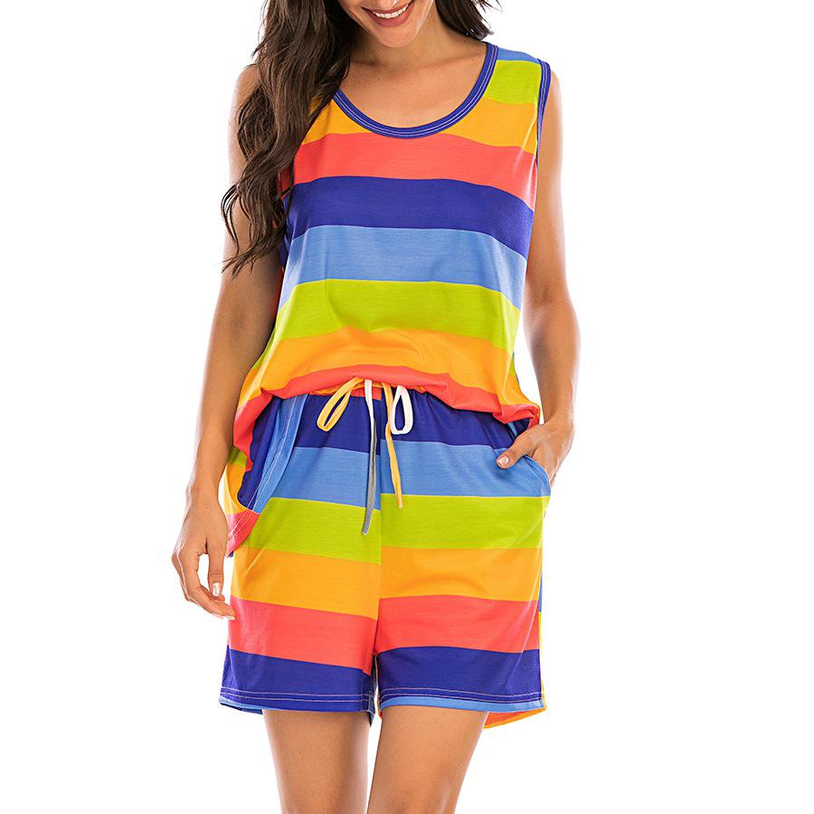 Fashion Casual Womens Yyfs Summer Spring Colour Block Print Sleeveless Oneck Trousers Pants Suits