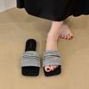Soft-bottomed Open-toed Slippers for Women To Wear 2025 Summer New Fairy Style Temperament Rhinestone Word with Flat-bottomed Cool Slippers
