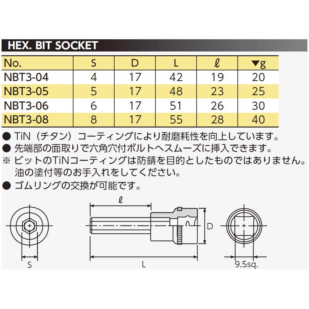 Kyoto Machine Tool Nepros Шестигранная головка (КТК) 9.5mm (3/8 дюйма) NBT3-08