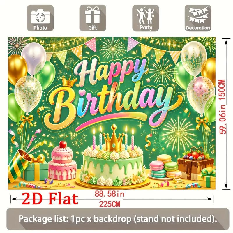 Vibrant Rainbow-Gradient Happy Birthday Script with Festive Balloons, Glittering Fireworks, Layered Cakes and Gift Boxes, Ideal for