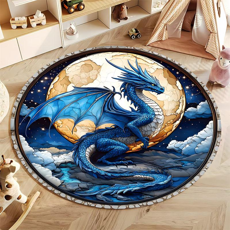 Majestic Blue Dragon Rug for Fantasy Rooms round carpet for home sofa bedroom, gift