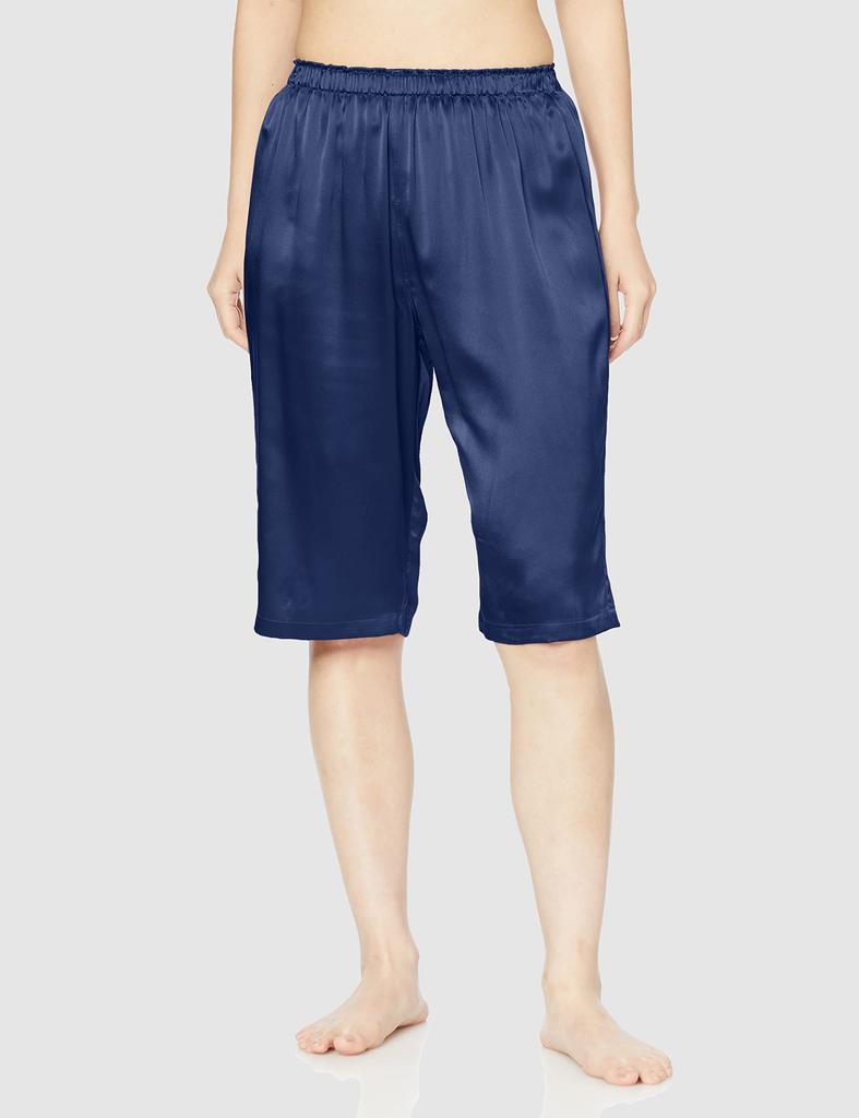Gunze Kaimin Navi Sleepwear Silk Navy Blue Pajamas, 100% Silk, Half-Sleeve, Half-Length Pants, Satin, Women's,