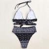 Женский бандо-бикини с принтом пейсли, с высокой талией, комплект из двух предметов, купальник с завязками на шее