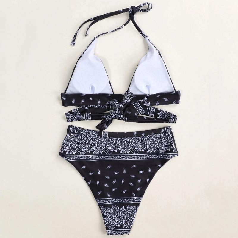 Женский бандо-бикини с принтом пейсли, с высокой талией, комплект из двух предметов, купальник с завязками на шее