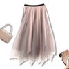 Autumn New Trendy Fashion Contrast Gradient Irregular Thin Mesh Pleated Midi Skirts