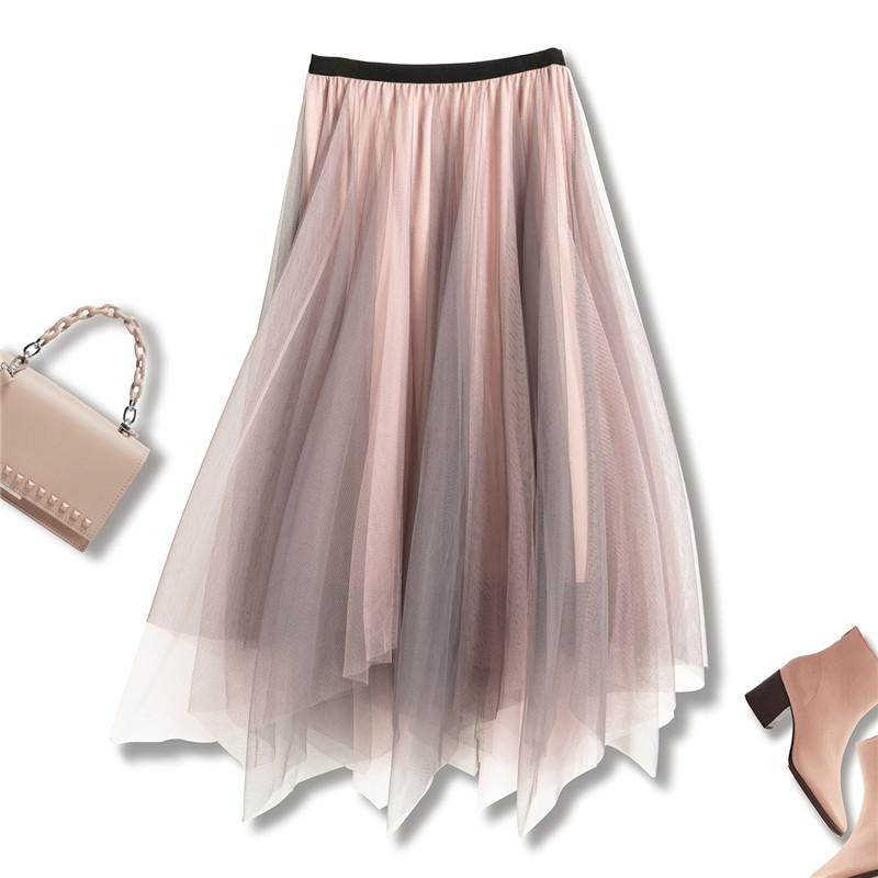 Autumn New Trendy Fashion Contrast Gradient Irregular Thin Mesh Pleated Midi Skirts