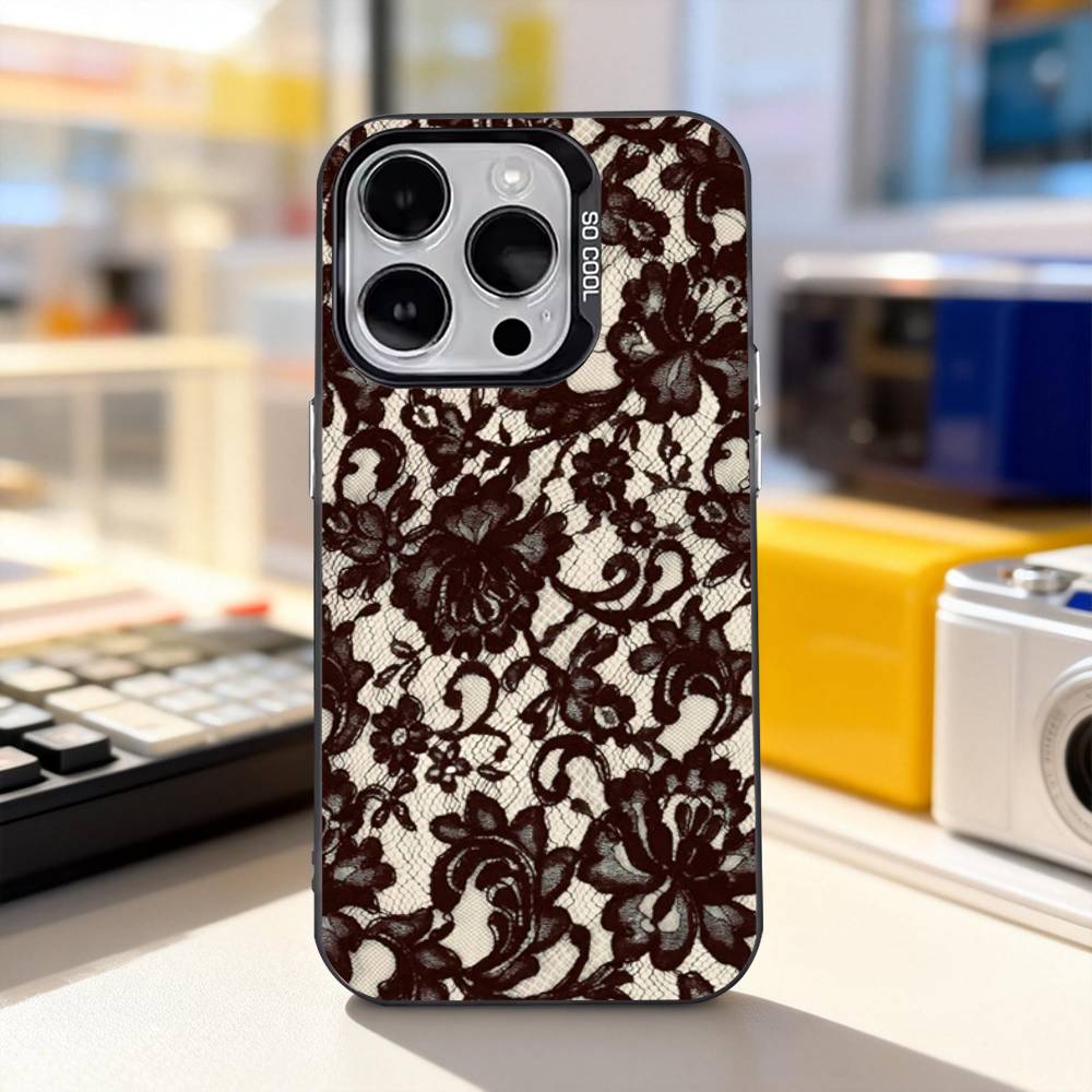Чехол для телефона с принтом кружева для iPhone 17,16,15,14,13,12,11, Pro, XS, Max, Plus, Mini, SE4, E Черный матовый ударопрочный чехол