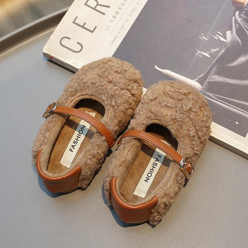 Мода Зима Новые Детские Плоские Туфли Мех Легкие Теплые Детские Повседневные Туфли 2024 Плюшевые Теплые Нескользящие Легкие Для Отдыха Удобные Девочки Меховые Туфли