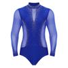 Mens Figure Skating Bodysuit Mock Neck Long Sleeve Sheer Mesh Patchwork Colorful Rhinestones Latin Dance Leotard