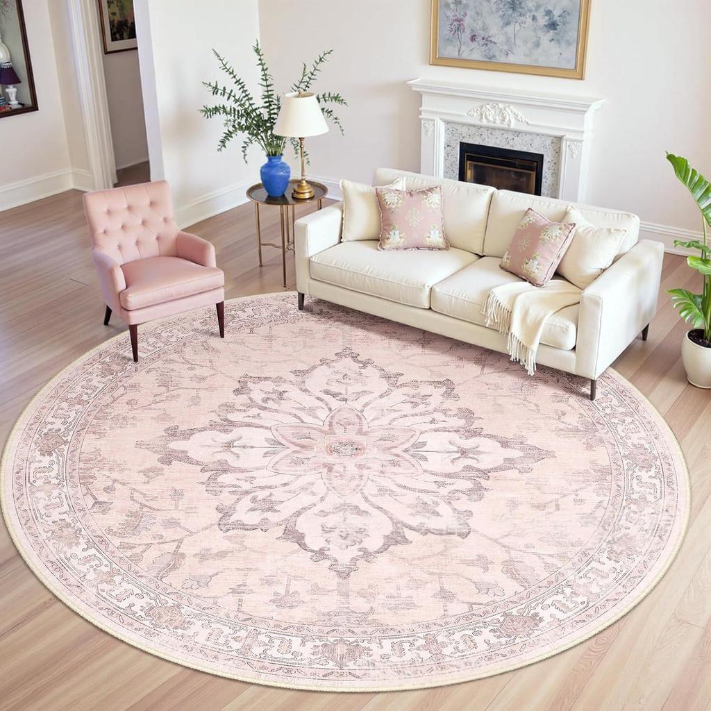 5ft Washable Non Slip Carpet Powder Grey Vintage Antique Floral Badge for Living Room Bedroom Dining Room