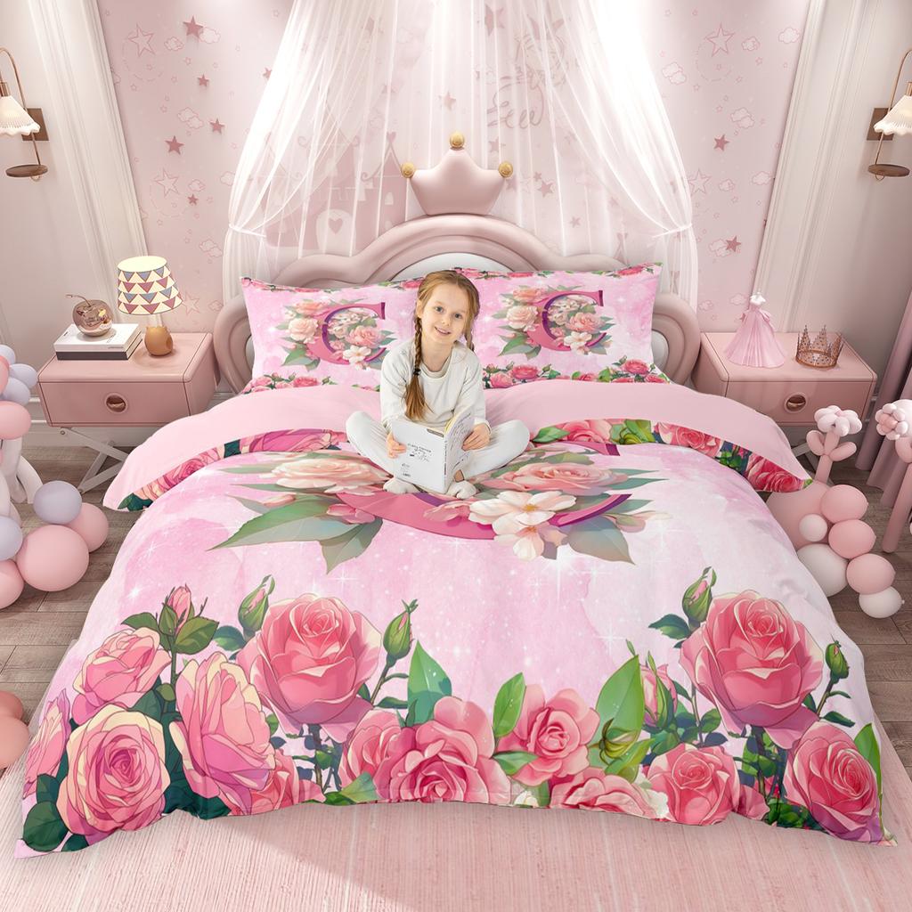 Homewish Милый Розовый Комплект Пододеяльника для Девочек с Буквами от A до T, Стильный Цветочный Комплект Покрывала