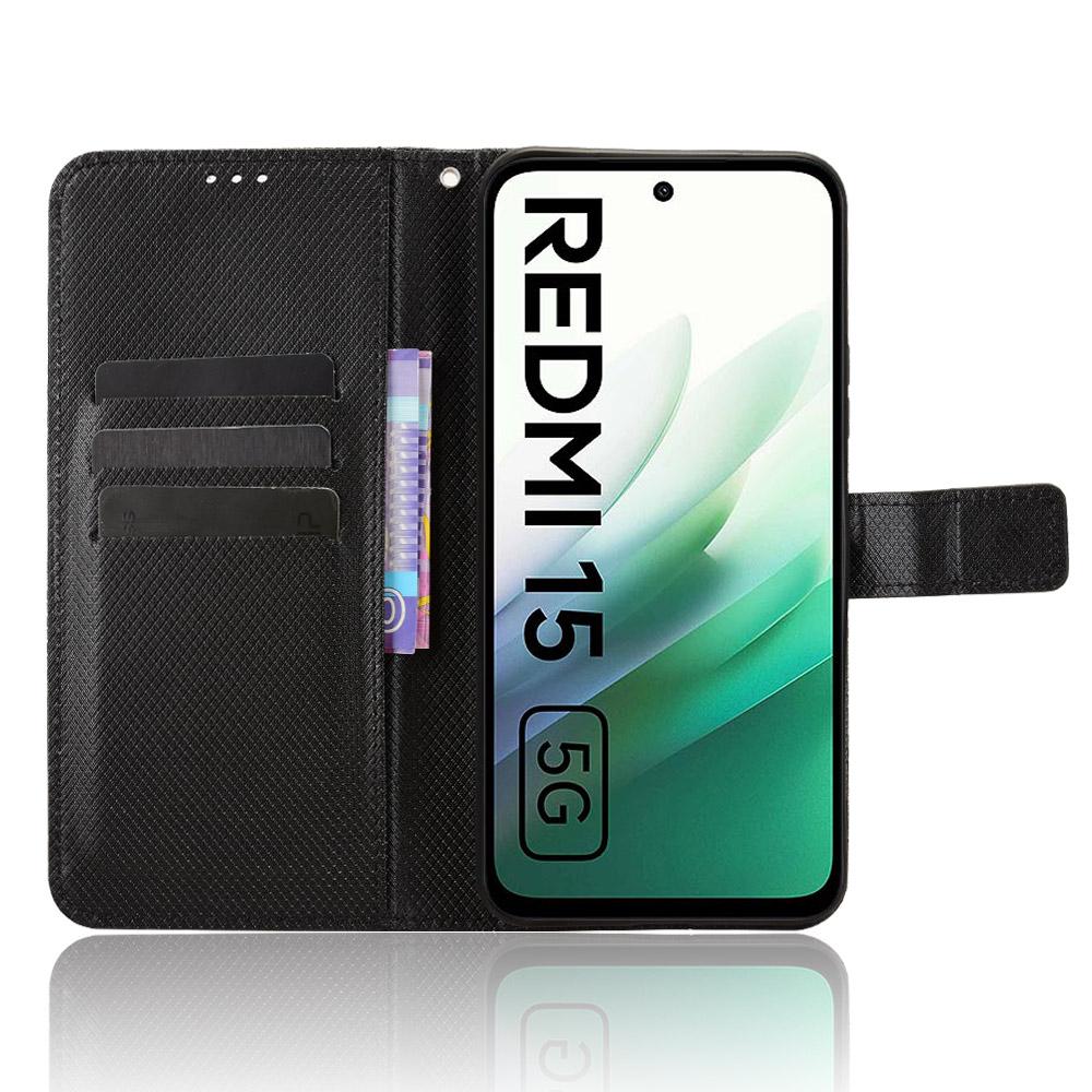 Для Xiaomi Redmi 15 5G (Глобальный) (169 мм) Кожаный чехол-портмоне с ремешком и ромбовидной текстурой для телефона