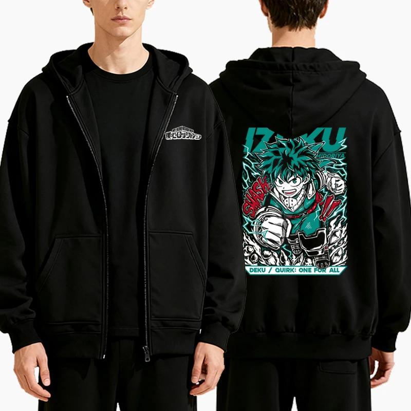 Мужская Мода Повседневная Аниме Принт Толстовка на Молнии Осень Зима Мужская Панк Толстовка с Длинным Рукавом Флисовая Толстовка на Молнии