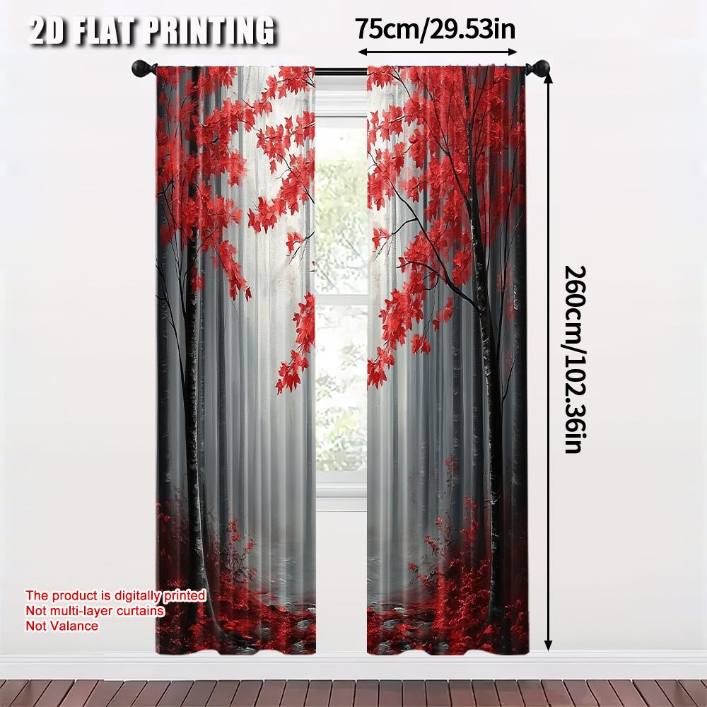 2pcs, Fashionable Curtains Print Art Deco Red Leaves Tree Print Versatile 100% Polyester (without Rod) All Seasons Perfect