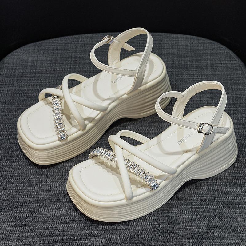 Small Platform Women's Sandals 2025 Summer New Fashionable Versatile One-button Fairy Rhinestone Open-toed Women's Sandals