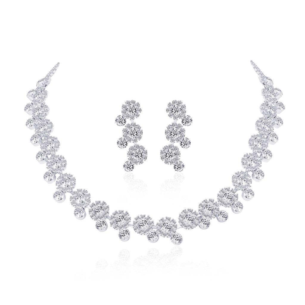 Luxury Geometric Super Flash Rhinestone Necklace Earrings Set Women's Temperament Fashion Zircon Collarbone Chain Jewelry