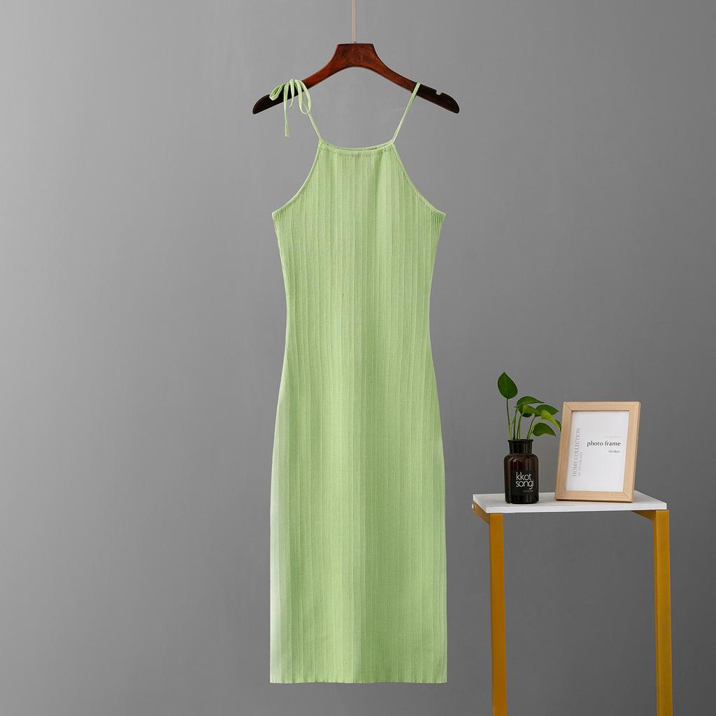 Женское летнее тонкое трикотажное подвешенное платье с высокой талией и застежкой, однотонное, простой дизайн