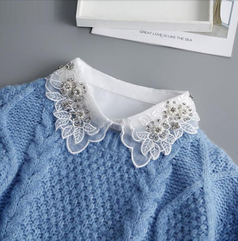 Front Tie White Fake Collar Stand Beads Detachable Collar Fake Women Vintage Crystal Lace Ladies False Blouse Collar Half Shirt