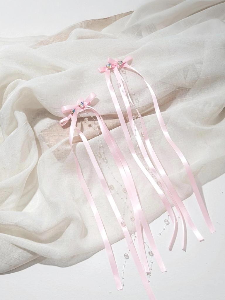 2/6pcs Set of Sweet Style Bow Rhine Stone Hair Clips with Flowing Ribbons, Fabric Hair Clips, Solid Color Hair Accessories Set