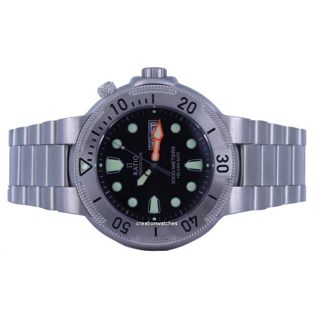 RATIO FreeDiver Кварцевые мужские часы из нержавеющей стали с черным циферблатом 1050MD93-02V-BLK 1000M