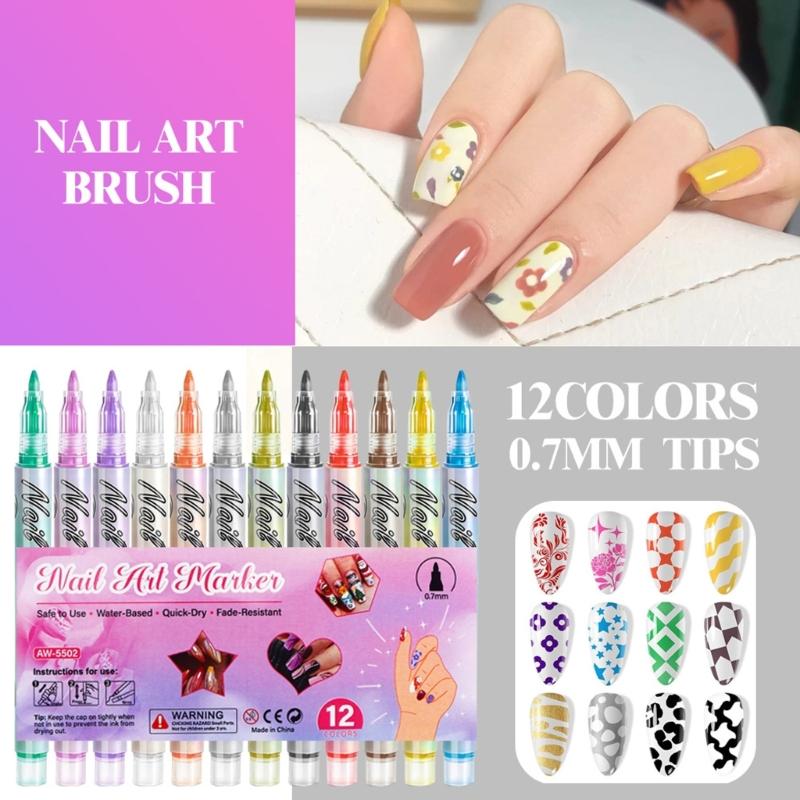 12 Color Quick Dry Nail Art Pens Fine Tip for Precise Drawing Not Require Lamp Water Based Safe for DIY Manicures