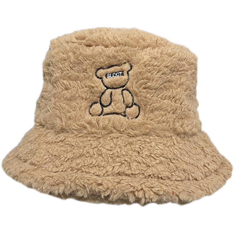 Embroidered Cartoon Bear Lamb Velvet Fisherman Hat Korean Style Trendy Winter Travel Versatile Warm Fashionable Sweet Pot Hat