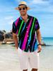 New Men's Casual Short-Sleeve Shirt with Iridescent Neon Streamline Pattern and Star Dots, Versatile Holiday Party and Commuting Top, Machine Washable