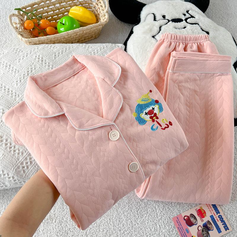 Air cotton pajamas women's autumn and winter interlayer warm long-sleeved suit cartoon embroidered loungewear real shot