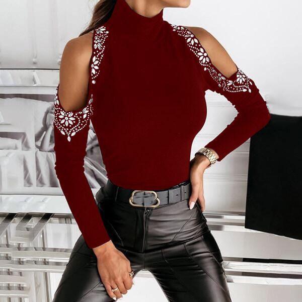 Women's Plus Size Top Sequin Splicing Feather Print Off-the-shoulder Long Sleeve T-shirt Woman