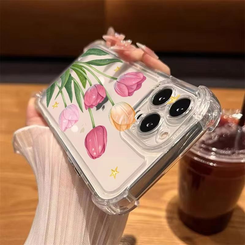 Чехол для телефона iPhone 17 16 15 14 13 12 11 Pro Max XR XS X 15 16 Plus 17 Air с рисунком Розовые тюльпаны Цветок розы Прозрачная крышка