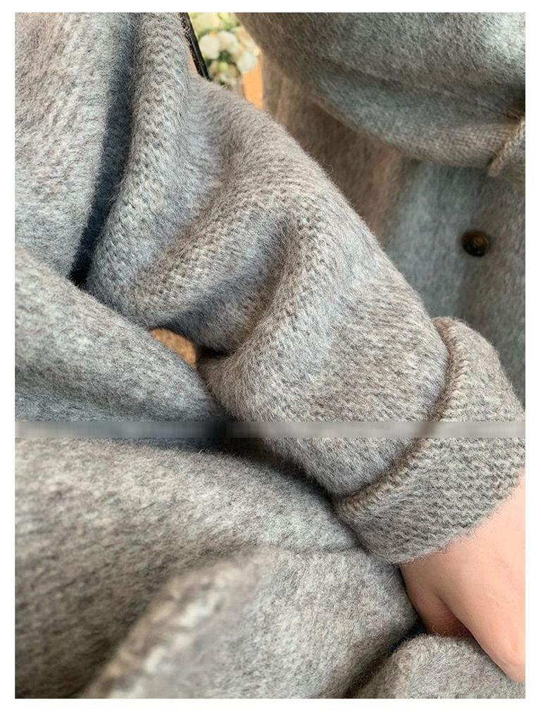 2025 Autumn/Winter Grey Mid-Length Double-Faced Wool Coat: Loose Hand-Stitched Korean Style Women's Overcoat