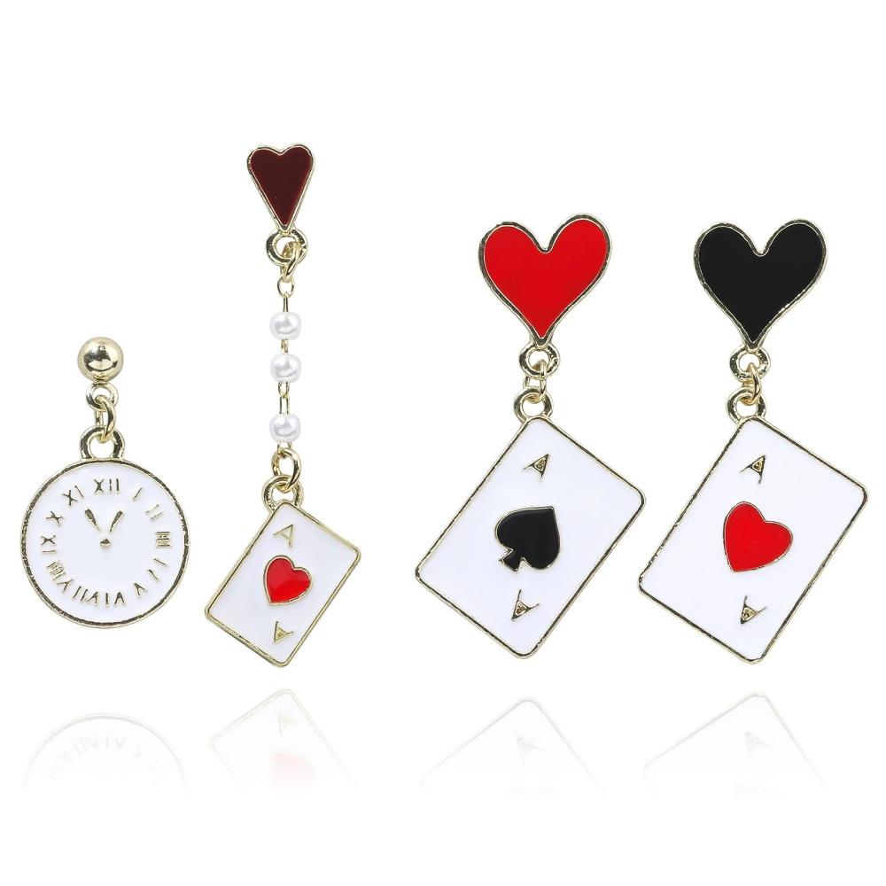 Geometric Asymmetric Heart Alarm Clock Poker Pendant Earrings Fashionable Sweet Versatile Personalized Cartoon Accessories Gifts